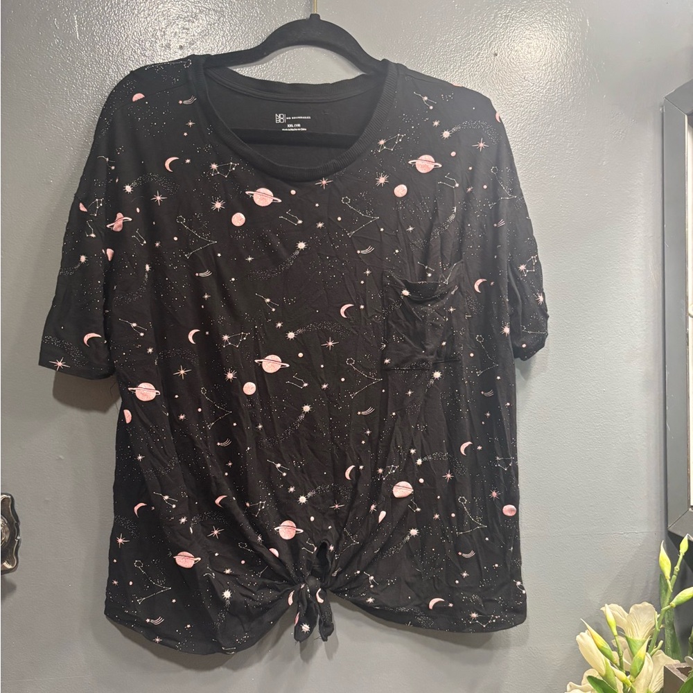 No Boundaries Black Pink Space Celestial Print Front Tie Crop Top Short Sleeve